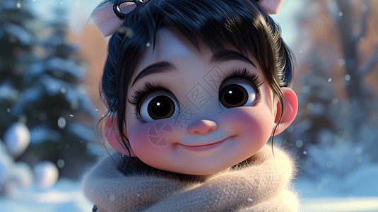 大雪中微笑可爱的卡通小女孩图片