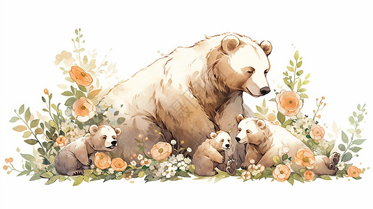 在花丛中几只可爱的卡通小棕熊高清图片