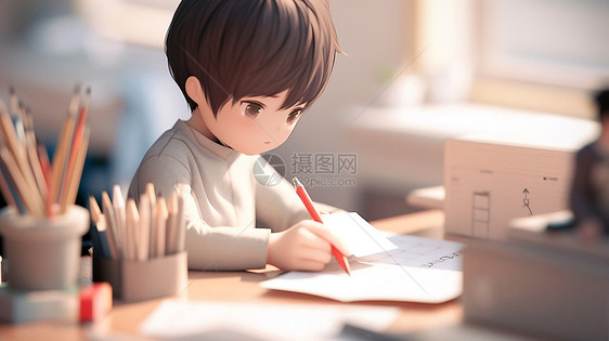 夜晚正在认真学习的可爱卡通人物图片