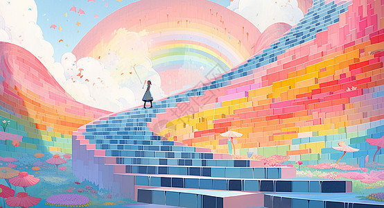 梦幻抽象的彩虹天梯卡通插画图片
