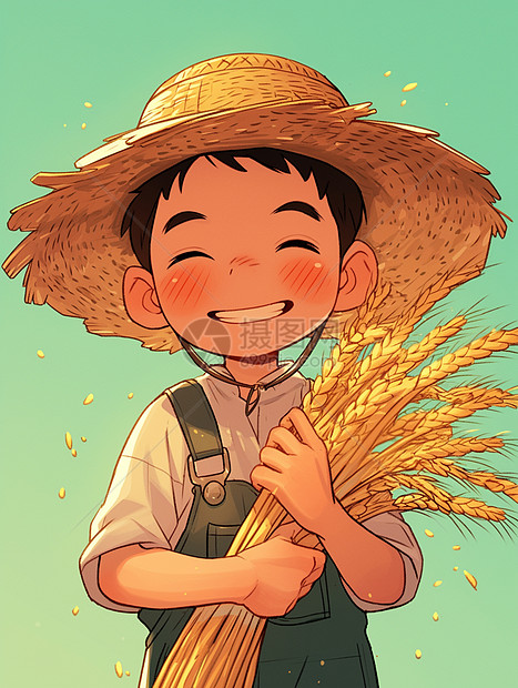 憨厚朴实的卡通农民抱着丰收的麦子图片