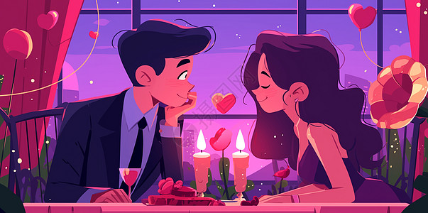 携手共进共进烛光晚餐的甜蜜的卡通青年情侣插画