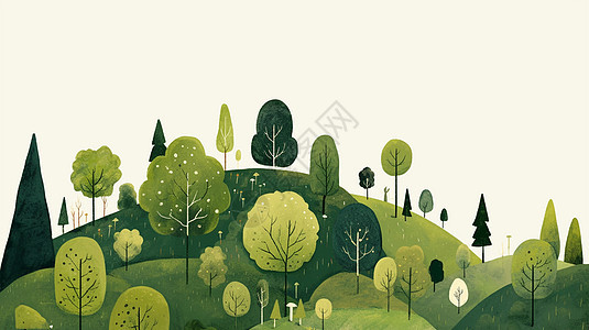 扁平风简约唯美的绿色调卡通森林场景图片