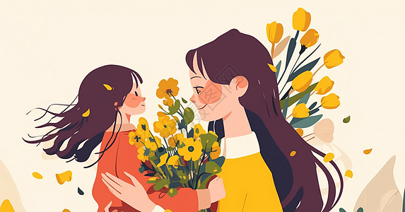可爱的卡通小女孩送给妈妈一束鲜花插画