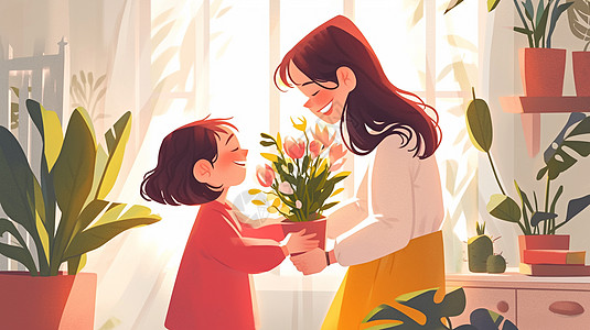 可爱的卡通小女孩送给妈妈鲜花图片