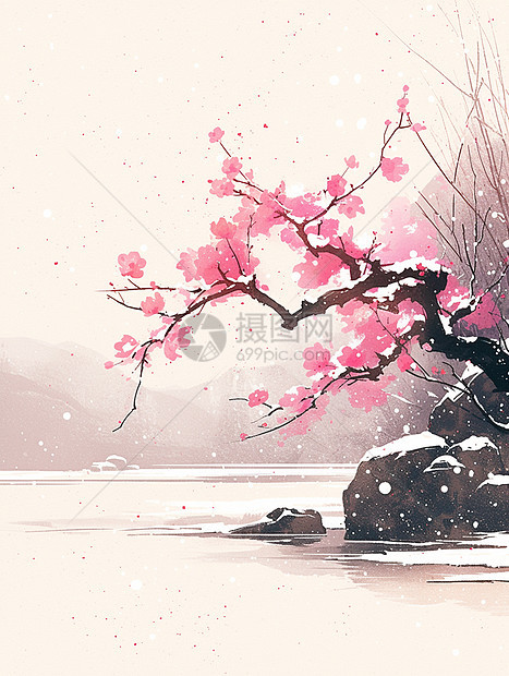 中国风唯美插画在雪中盛开梅花图片