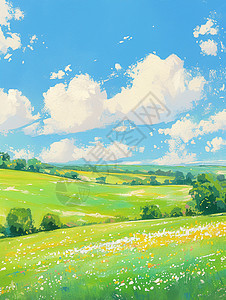 蓝蓝的天空下绿油油的山坡卡通风景图片