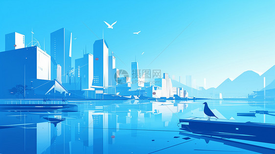 蓝色调时尚现代的扁平风卡通城市图片