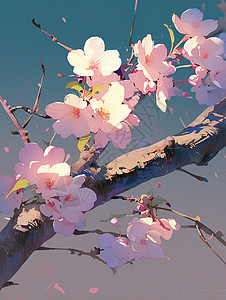 春天开满花朵的树枝唯美卡通插画图片
