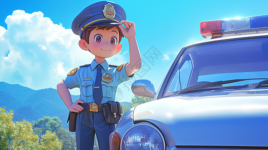 站在警车旁帅气的卡通警察图片