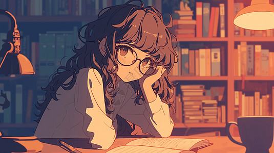 夜晚在书桌前台灯下看书思考的长发女孩图片