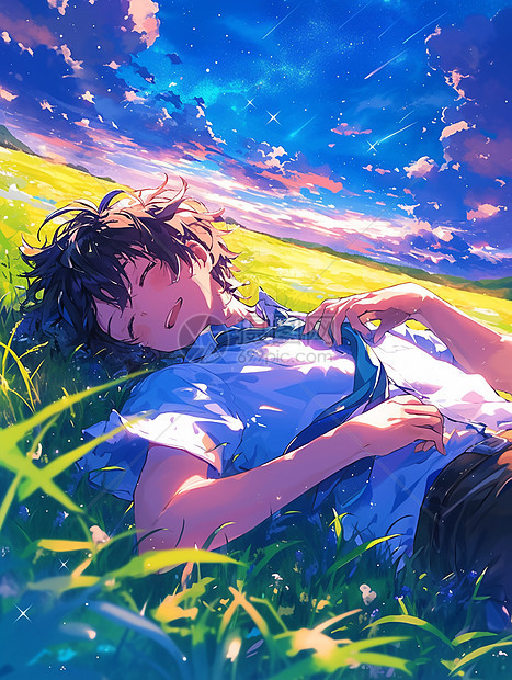 躺在草地上感受大自然之美的卡通男孩图片