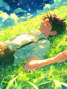 躺在草地上感受大自然之美的男孩图片