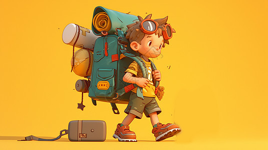 背着大大的背包去旅行度假的卡通小男孩图片