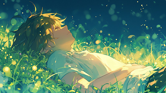 躺在草地上欣赏星空的卡通男孩图片