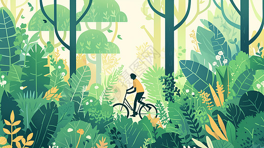 森林中骑行的卡通人物图片