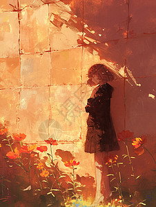 暖暖的墙边晒太阳优雅漂亮的卡通女孩图片
