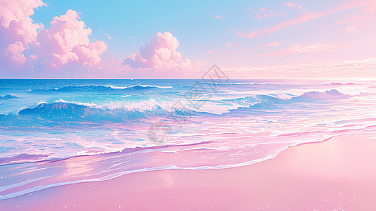 海边浪漫的粉色卡通沙滩唯美卡通风景高清图片