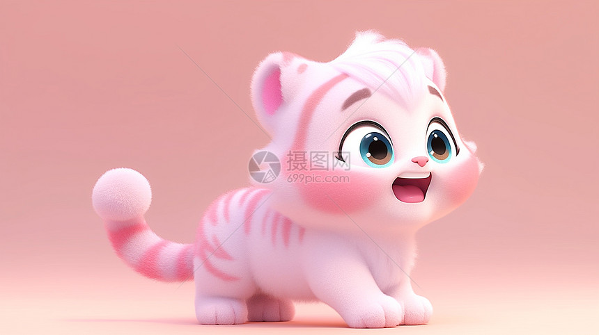 毛茸茸淡粉色可爱的卡通小老虎图片