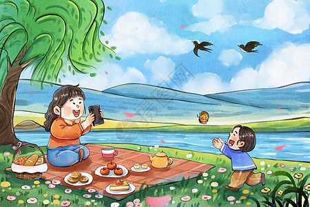 河提手绘水彩春分妈妈和孩子一起野餐治愈系插画插画