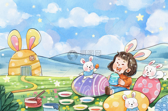 手绘水彩复活节之可爱的女孩和兔子彩蛋插画图片
