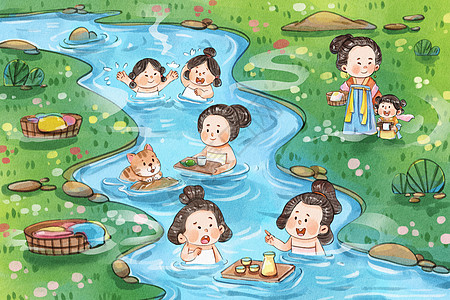 手绘水彩上巳节之唐朝女孩泡温泉场景插画图片