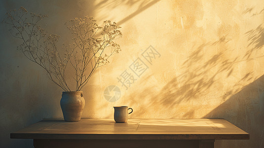 阳光照进房间木桌上放着干花与杯子简约静物插画图片