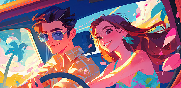 男女开车戴着墨镜一起开车旅行时尚的卡通青年男女插画