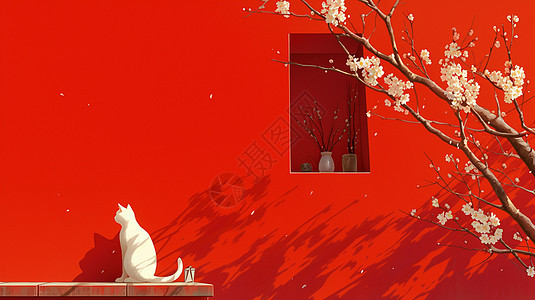 春天在高高的红墙下晒太阳的卡通小白猫背影图片