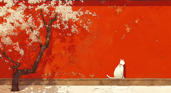 春天红墙下晒太阳的卡通小白猫背影图片