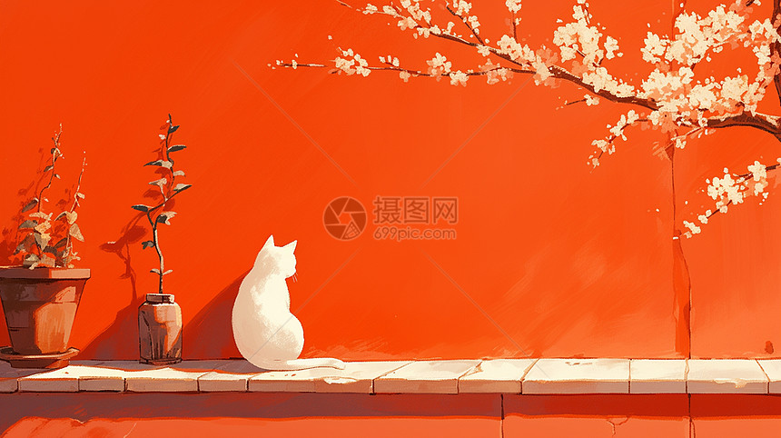 春天晒太阳的卡通小白猫背影图片