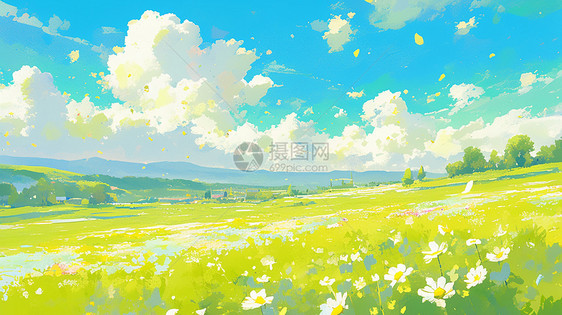 春天蓝天白云下开着很多野花的绿油油的草地唯美卡通风景图片