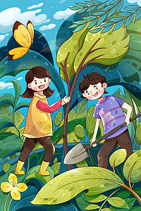 手绘风植树节种树男孩女孩插画图片