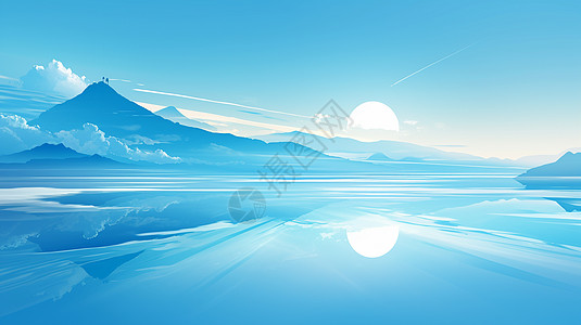 蓝色调抽象的卡通山川风景图片