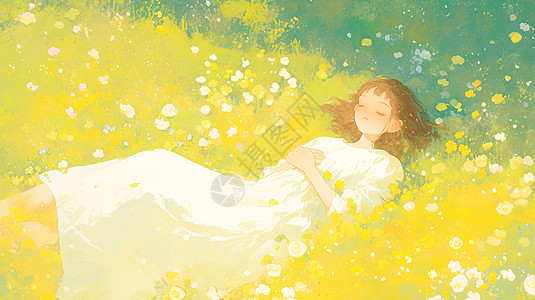 春天穿白色裙子躺在花丛中小清新的卡通女孩图片