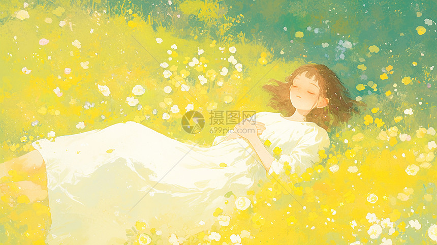 春天穿白色裙子躺在花丛中小清新的卡通女孩图片