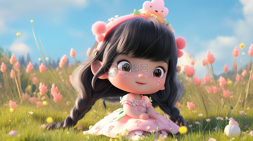头上戴着粉色花朵穿着粉色裙子坐在草地上的卡通小女孩图片