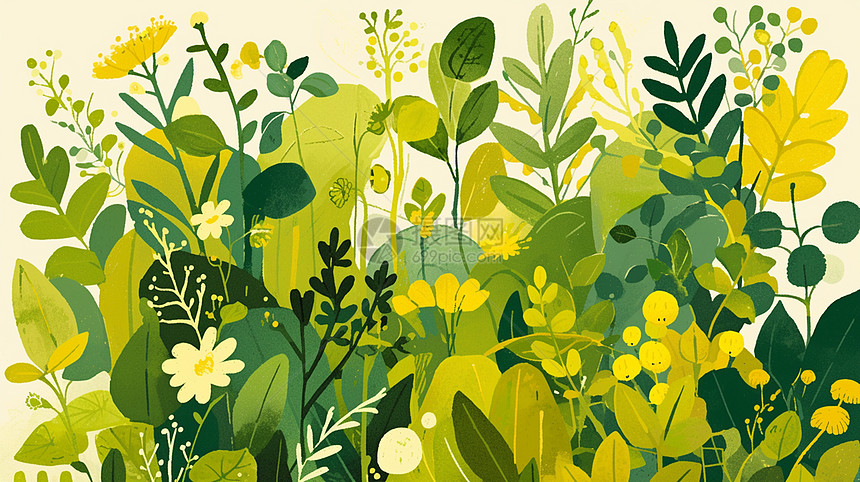 春天嫩绿色各种卡通植物扁平风插画图片