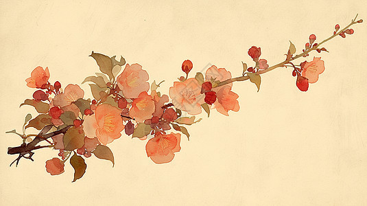 一枝盛开的桃花唯美水墨风插画图片
