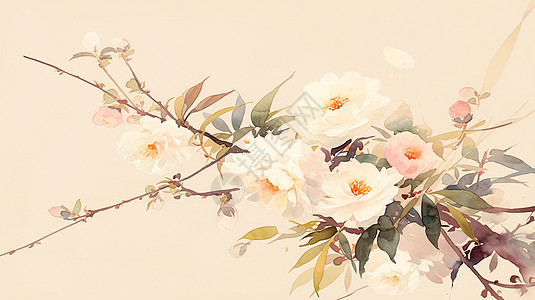 一枝盛开的花卉水墨风插画图片