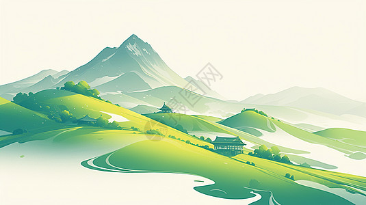 高端大气背景绿色简约大气的山川唯美卡通风景插画