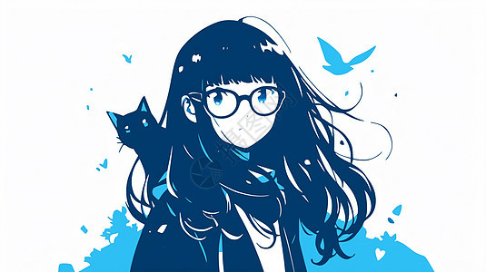 戴着黑框眼镜长发漂亮的扁平风卡通女孩与她的宠物猫图片