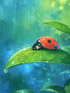 春天雨中在树叶上的一只卡通七星瓢虫图片
