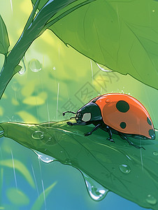 雨中在树叶上的一只卡通七星瓢虫图片