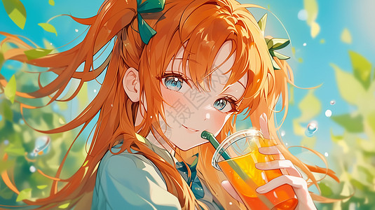 喝橙汁可爱的卡通小女孩图片
