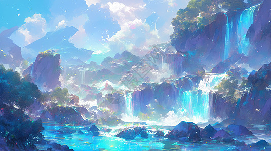 梦幻山中的卡通瀑布唯美蓝色调卡通插画图片