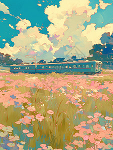 蓝天白云下一辆列车开过花海唯美复古风卡通风景图片