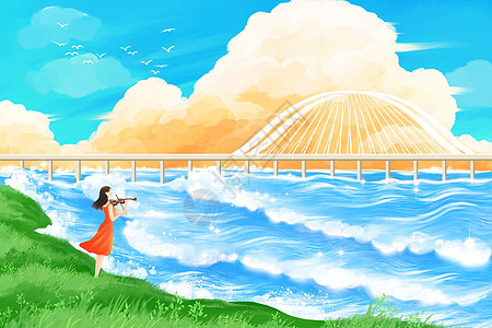 手绘风治愈系夏季海浪风景拉小提琴的少女场景插画图片