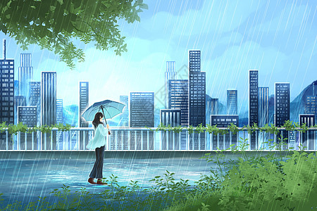 手绘治愈系天台春季雨天少女撑伞城市场景插画图片