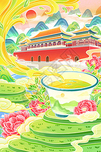 国潮风二十四节气谷雨茶叶牡丹北京古建筑山水场景插画图片